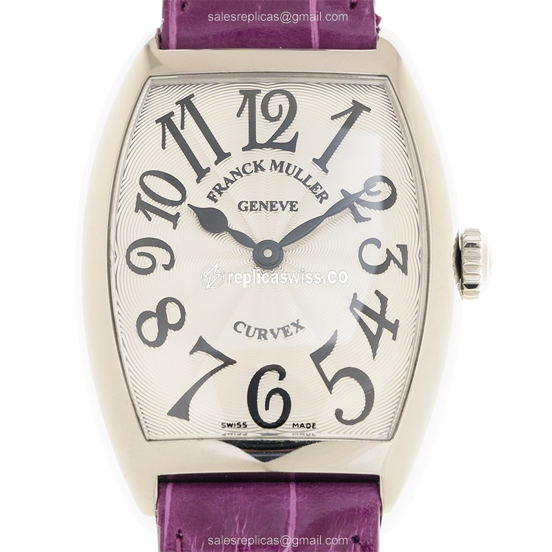 Franck Muller 7502 QZ Replica - Quartz - Steel Case - Silver Dial - Purple Leather Strap - Luxury Replica CINTREE CURVEX Watch